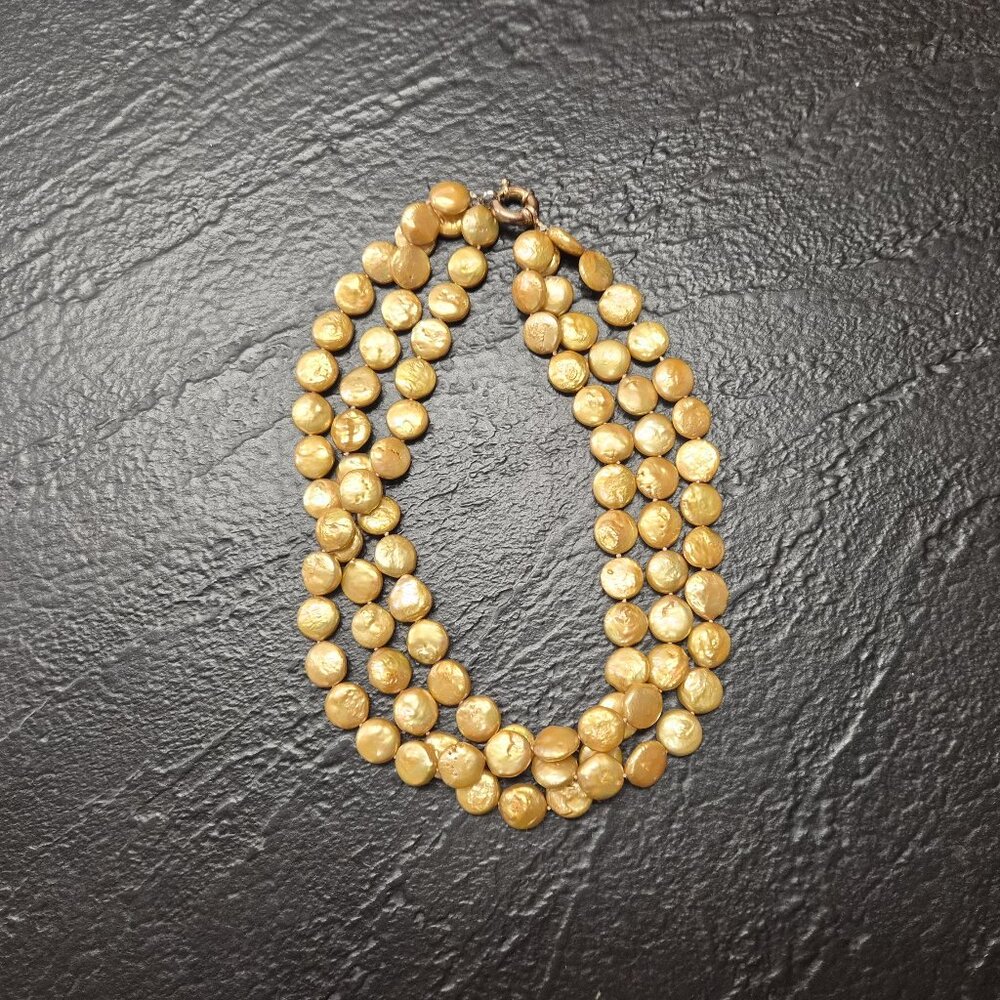 VTG 3‑Strand Coin Pearl Necklace 12mm Baroque Freshwater Gold Pearls 17.5" Retro